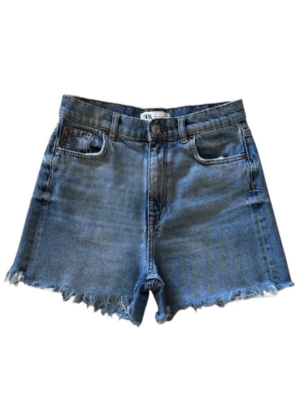 Zara Women's Size 2 The 90s Bermuda Denim Blue High Rise Shorts Zip Button